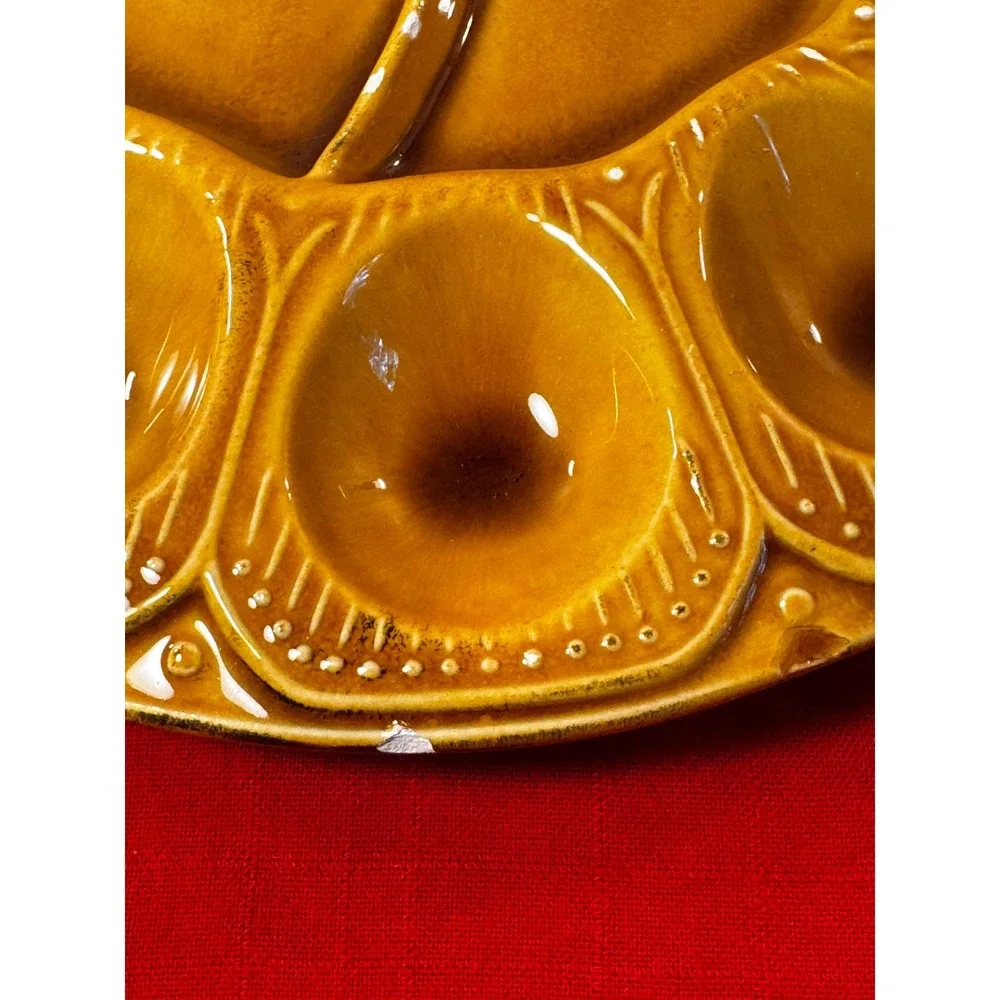 Vintage USA Pottery 3737 Deviled Egg Platter Mustard Yellow Ceramic Serving Tray